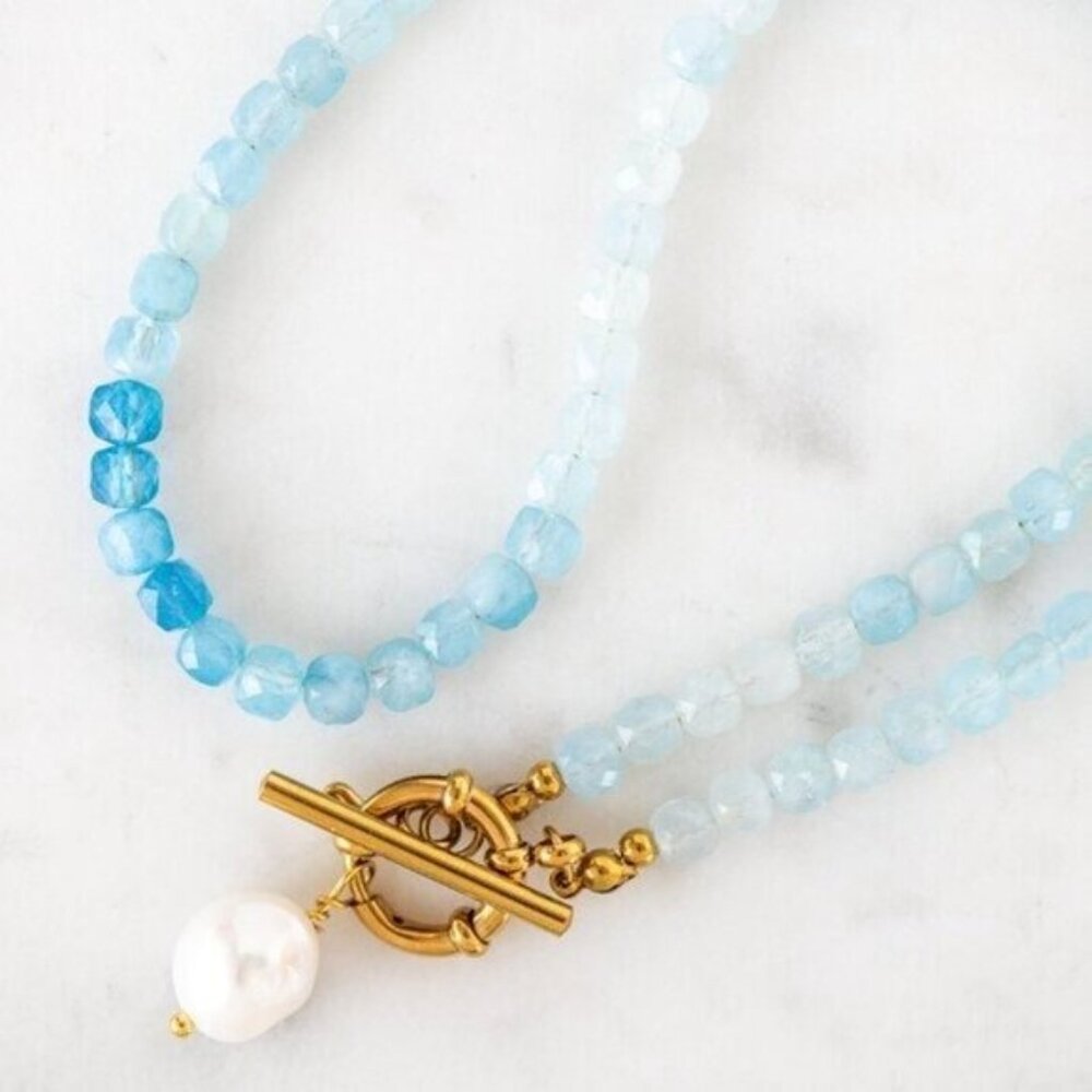 Aquamarine Beaded Necklace Ocean Blue Gemstone Jewelry Waterproof Vacation Gift - Picture 12 of 14